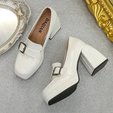 New Chunky High Heels Loafers Women Metal Buckle Square Toe Platform Pumps Woman Pu Leather Office Work Shoes