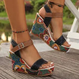 Breakj New Leisure Slope And Embroidery High Heel Sandals Women Buckle With Toe Thick-Soled Women's