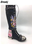 Rivets Studded Buckle Knee High Boots Women Embroidered Leather Print Flower Flat Motorcycle Boots Winter Shoes