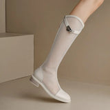 Summer Thick Heel Round Head Flat Bottom Thin Breathable Mesh Hollow Cool Boots Genuine Leather High Barrel Women's