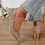 Shiny Sequin Pointed Toe Pumps for Women Wedding Party Thick High Heels Shoes Woman Shallow Mouth Pumps Plus Size