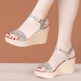 Sandals Espadrilles Platform 2023 Women's Clogs Wedge Suit Female Beige Heel Shoe Thick Square Toe Buckle Strap
