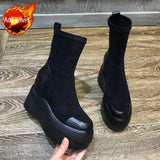 Shoes for Woman Black Elastic Women's Ankle Boots Wedges Booties Chunky Platform Footwear Sock Pu Trend 2023 Hot Sale