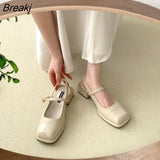 Flat Shoes Women Leather Shoes Square Toe Spring Autumn Single Shoes Mary Jane Black