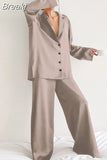 Low Cut Fashion Pajamas Set for Women Loose Casual Long Sleeve Trouser Suits Solid Satin Silk Female Home Fitted Tops