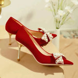 Sexy Red Velvet Wedding Shoes for Women 2023 Luxury Pearl Bowknot Pointed Toe Pumps Woman Stiletto High Heels Dress