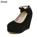 Women's High Heels Shoes Plus Size Platform Wedges Pumps for Woman Flock Buckle Bowtie Red Ankle Strap Wedding Shoes Round