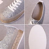 Women Sneakers Woven Gold Sequins Single Shoes Round Head Lace-Up Retro Platform Flats Shoes Light Cozy Walking Vulcanized