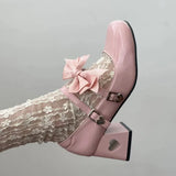 Leather High Heels Pumps Women Sweet Pink Bowknot Cosplay Lolita Shoes Woman Bride Wedding Buckle Strap Mary Jane