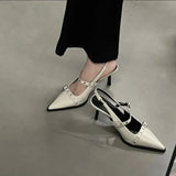 Women's Silver Buckle Slingback High Heels Pointed 2024 Summer Thin Heel Leather Shoes for Woman Elegant Party Mary Jane