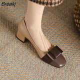 New Square Head Shallow Mouth Bow Thick Heel High Heels Single Shoes Women's Comfortable Apricot Elegant Thick Heels