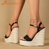Wedge Heels Straw Sandals 2023 European Style Sexy Ankle Buckle Women's Shoes Summer Comfy Walking Fashion Simply
