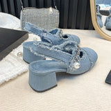 Women Summer 7cm High Heels Shoes Sandals Lady Bling Mules Slingback Silver Pumps Female Denim Sandals Bridal Quality
