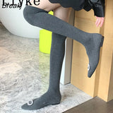 Casual Cozy Stretch Fabric Thigh High Over The Knee Socks Boots Women Flat Heels Fashion Crystal Buckle Pointed Toe