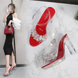 2023 Summer New Sandals Women Fashion Rhinestones Square Heel Transparent Women Shoes High Heels11cm Female Party