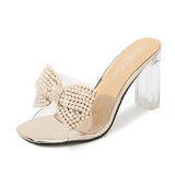 Fashion Girl Bow Crystal Slippers Sexy Transparent Dress Heel Shoes Summer Pearl Bowknot Design 2023 Elegant Party
