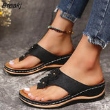 Women's Slippers Fashion Flower Solid Color Wedge Flip-Flops Outdoor Platform Non-slip Beach