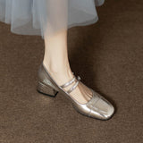 Silver Mary Jane Shoes 2024 Spring And Autumn Thick Heels With One Word Buckle Shallow Mouth Heel Single