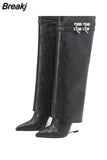Strap Women's High Boots High Quality Slip-on Western Boots Silver Wedges Botas Femininas Crocodile Print Black Boots