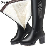 Women's Boots High Heel Winter Genuine Leather Natural Wool Warm Women Long Boots 2022 New Tassel Mid-Calf Boots