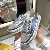 Women Crystal Shoes 2023 spring Fashion Bing Lace Up Ladies Casual Shoes Comfortable Round Toe Platform Sneakers white