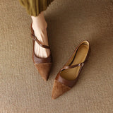 Brown Pointed Single Shoes Nuzhen Soft Leather 2024 New Flat-Heeled Shallow Ladle Shoes With French Flat