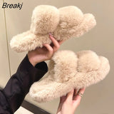Winter Open Toe Slipper Fashion Fur Thick Sole Flats Heel Ladies Casual Slip On Bedroom Shoes Soft Outdoor Slides