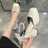 High-heeled Shoes Thick-heeled Shoes Female Pearl Bow Shoes Lady Style Mary Jane Shoes Square Toe Pumps Shoes for