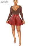 Hight Waist PU Leather Pleated Stacked Mini Skirt Women Fashion Black Brown Red Streetwear Female Spring Party