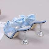 New Fashion Crystal Bow High Heels Slippers Shoes Woman Sexy PVC Transparent Sandals Women Slides Open Toe Pumps Blue
