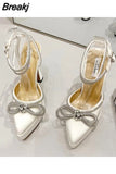 Women Pointed Toe Rhinestone Crystal Bowknot Ankle Strap Ladies Prom Footwear Sexy Platform Sandals High Thin Heels Ankle