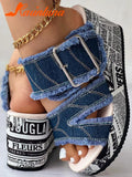 For Dropship 2023 New Summer Elegant Wedge Slide Sandals For Women Denim Single Band Flatform Sandals Beach