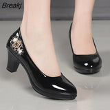 Women's Summer Shoes Rhinestones Cute European Stylish Round Toe Black Pu Leather Square Heel Pumps Lady Casual Wine Red