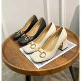 New Style Women Matte Thick Heels Soft Pumps Summer Sandals Woman Retro Fashion Metal Buckle High Heels Lady Dress