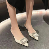 Crystal Buckle Women's Sandal 2023 Summer Women Shoes Flat Heel Pointed Toe Slingback Shoes Slip on Mules Dress