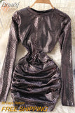 Women Sexy Bodycon Mini Party Dress Vestidos Femininos Casual Streetwear Chic Snake Print Long Sleeve Slim Spring Autumn