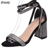 Summer New Silver Shiny Crystal Sexy Women's Sandals Stiletto Wedding Party Fashion Square Root Ladies Shoes and