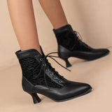 Women Victorian Pointed Toe Ankle Boot Fashion Leather Lace Up Spliced Ladies High Heel Shoe Women Short Boot Plus Size48