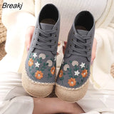 Daisy Embroidered Women Linen Cotton High Top Lace Up Espadrilles Sneakers Ladies Comfortable Casual Flat Booties
