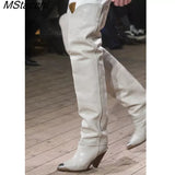Pointed Toe Thigh High Boots for Women Sexy Rivet Stud Slip On Women's High Boots Tassel Decor Spike High Heel Botas