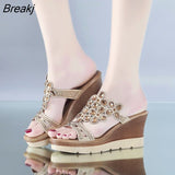Shoes Women Summer Peep Toe Breathable Beach Sandals Rhinestone Slip-On Wedges Shoes