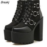 Spring Fashion Motorcycle Boots Women Platform Heels Casual Shoes Lacing Round Toe Shoes Ladies Autumn Boots Black