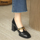 2023 Spring Autumn Retro French Small High Heels Single Shoes Thick Heel Women Chain Shallow Mount Grace Square Toe