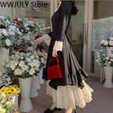 Vintage Elegant Dress Women Party Long Sleeve Lace Black Y2k Midi Dress 2023 Winter Face Two Piece Dress Korean