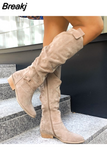 New Fashion Low Heel Side Zip Size 43 Suede Thigh High Women's Boots Retro Woman Booties Autumn Winter Knee High