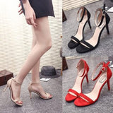 Women's Sandals New Summer Sexy Suede High Heels One-line Buckle Stiletto Women Ankle-Wrap Party Sandals Zapatos De