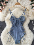 See Through Mesh Patchwork Flowers Embroidery Bodysuit Women Adjustable Spaghetti Strap Padded Lace Up Bandage Body