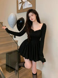 Sleeve Lace Mini Dress Woman Lolita Kawaii Dress Party Casual 2023 Autumn Slim Pure Color Elegant Dress Korean Style