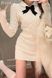 Autumn Korean Suit Sexy Bodycon Mini Skirt + Long Sleeve Solid Short Sweater Woman Knitted 2 Piece Dress Set Retro