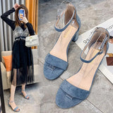 High Heel Sandals Women's Shoes Women's Summer Women's Leather Velvet Open Toe Thick Heel Buckle Bag Heel Size